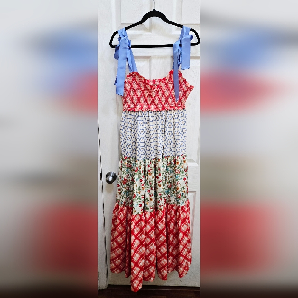 Free People Multi-Pattern Tiered Sundress with Blue Tie Straps